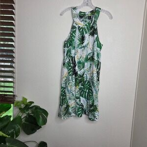 Tahari Linen Dress Tropical Palm Leaf‎ Sleeveless White Green Size US 12